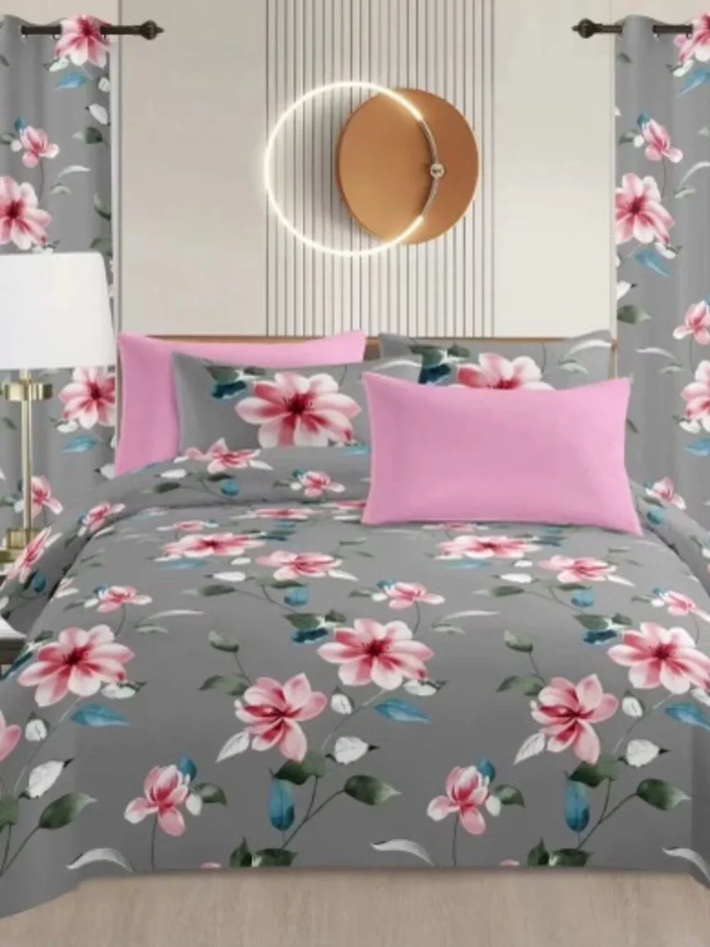 King Size 8-Piece Cotton Bedding Set with Sheets Pillowcases, Curtains, and Wall